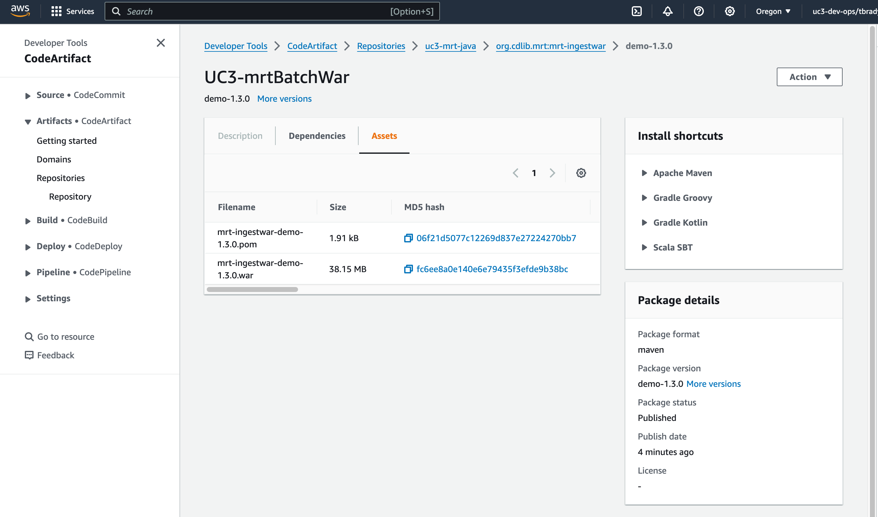 Screenshot showing the details of an artifact that was published to CodeArtifacat