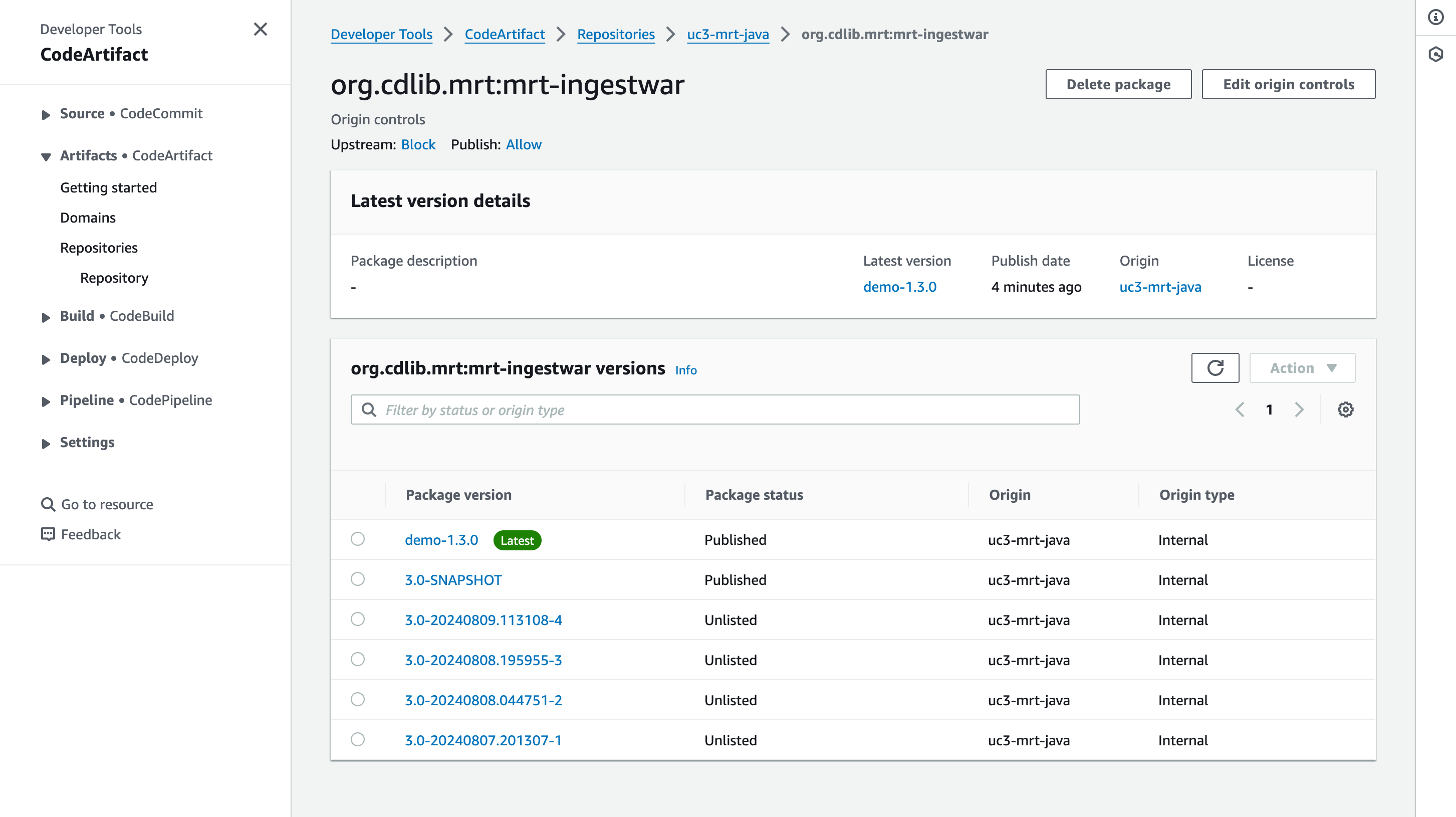 Screenshot showing the CodeArtifact repository used for Merritt java resources