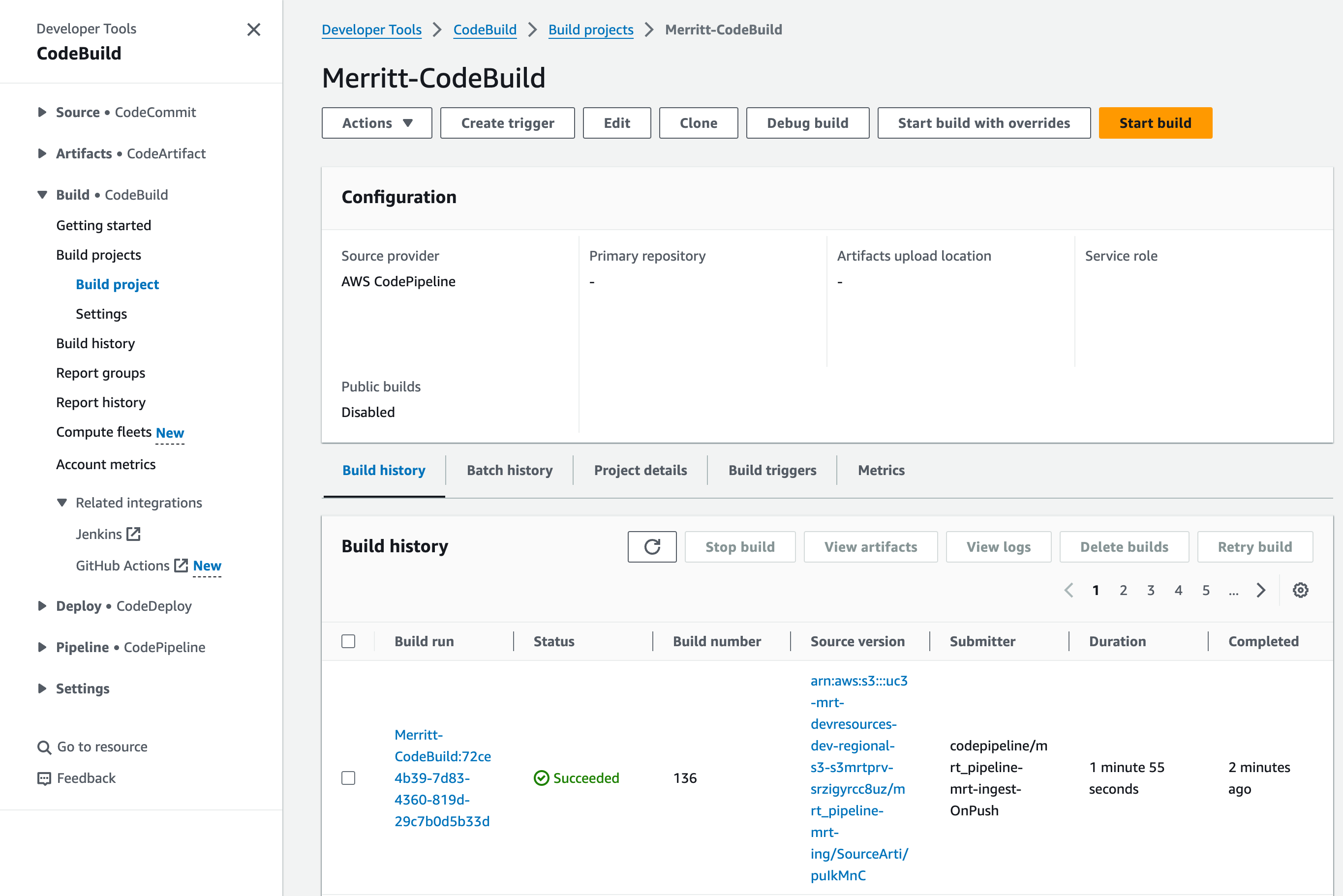 Screenshot of the CodeBuild job that was launched by the CodePipeline