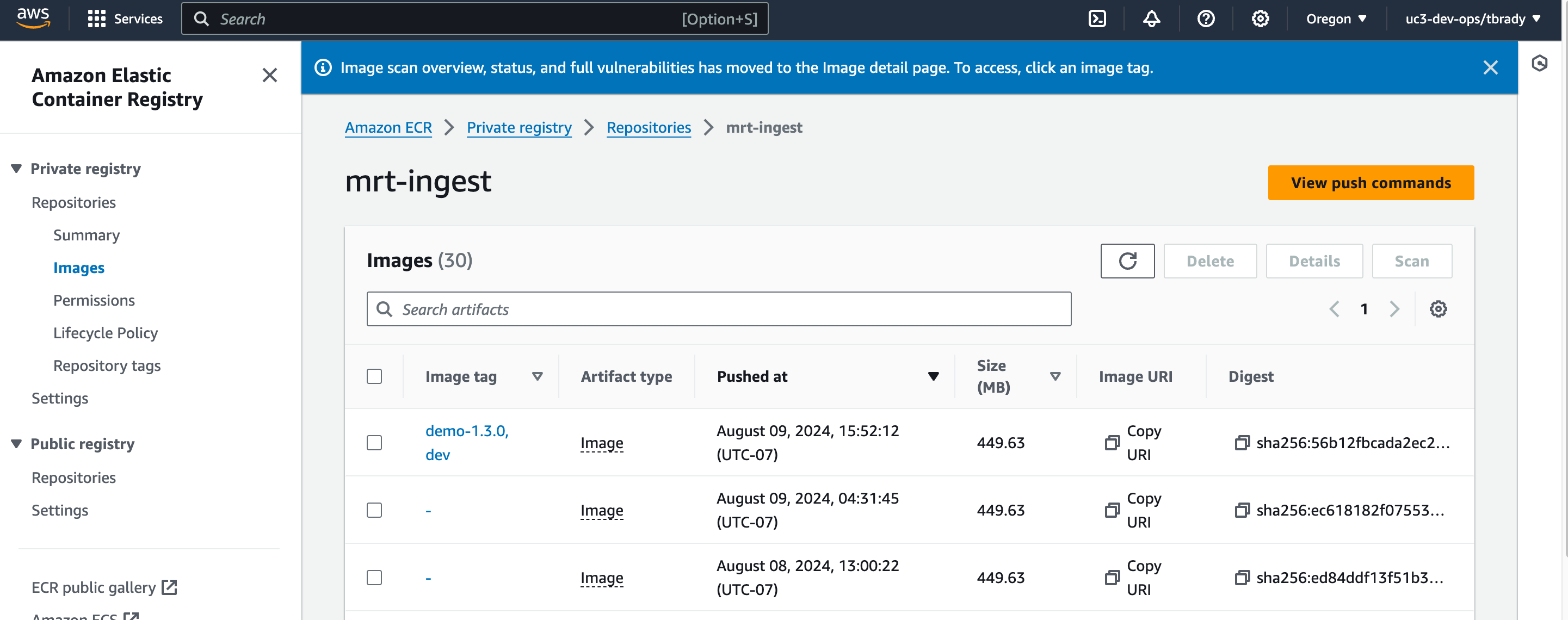 Screenshot showing the docker image that was generated with the recent tag demo-1.3.0
