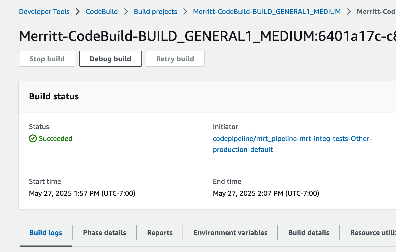 Screenshot showing the details for a recent CodeBuild job running Merritt End to End tests