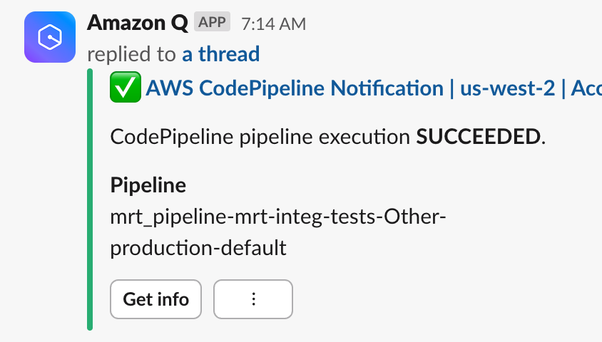 Screenshot showing a message generated in Slack at the end of a build