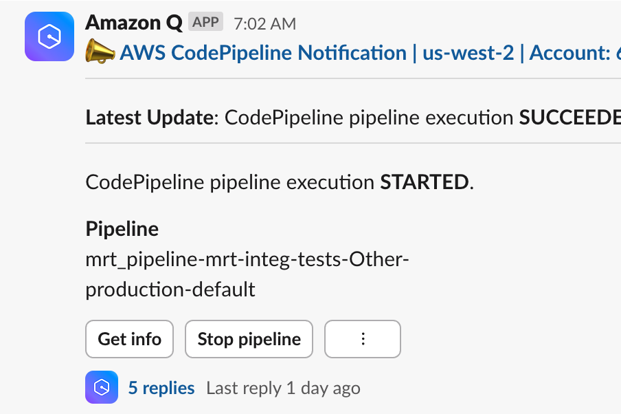 Screenshot showing a message generated in Slack at the start of a build