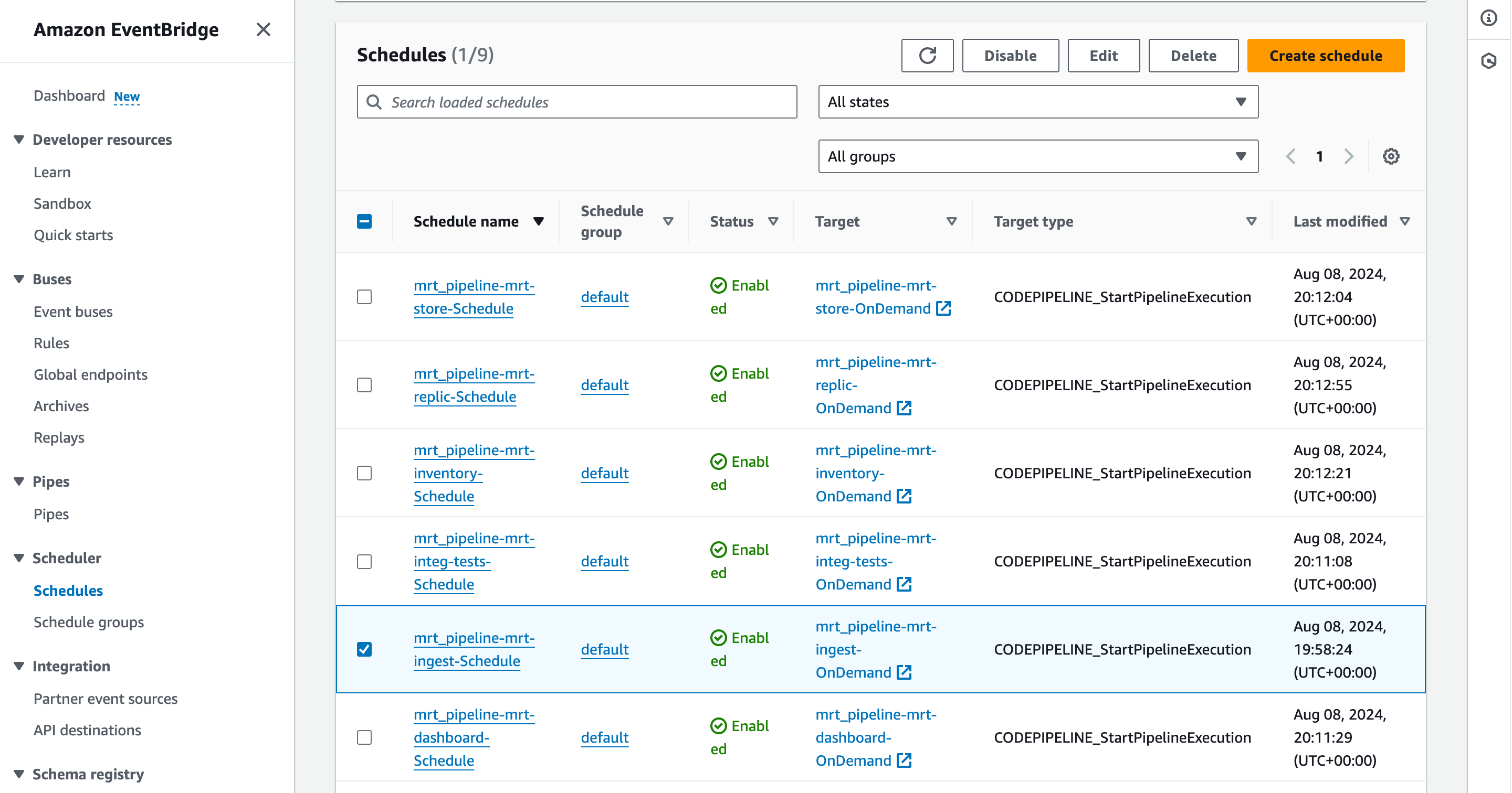 Screenshot showing Merritt builds listed in AWS EventBridge Schedules