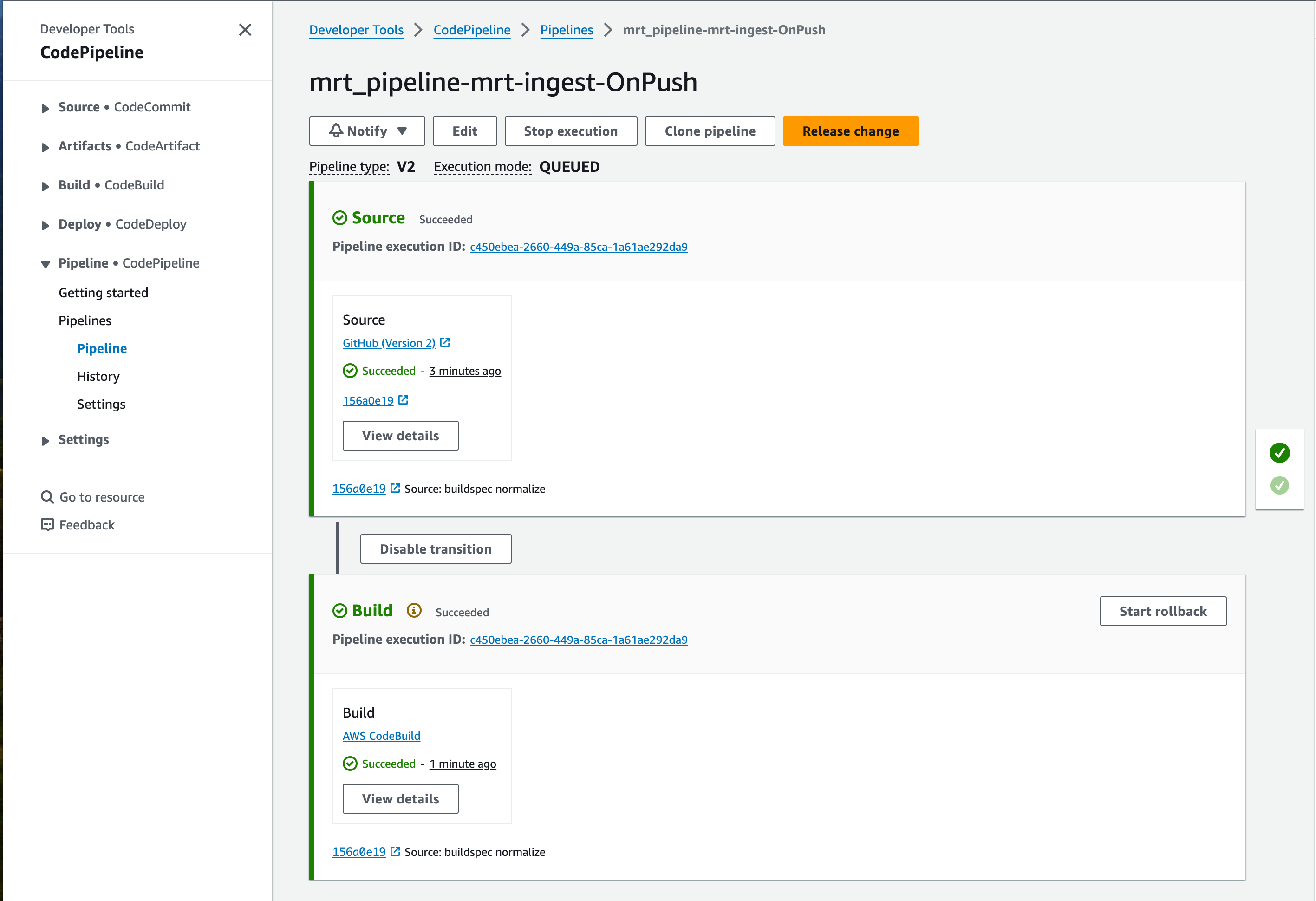 Screenshot of the CodePipeline triggered by the recent commit