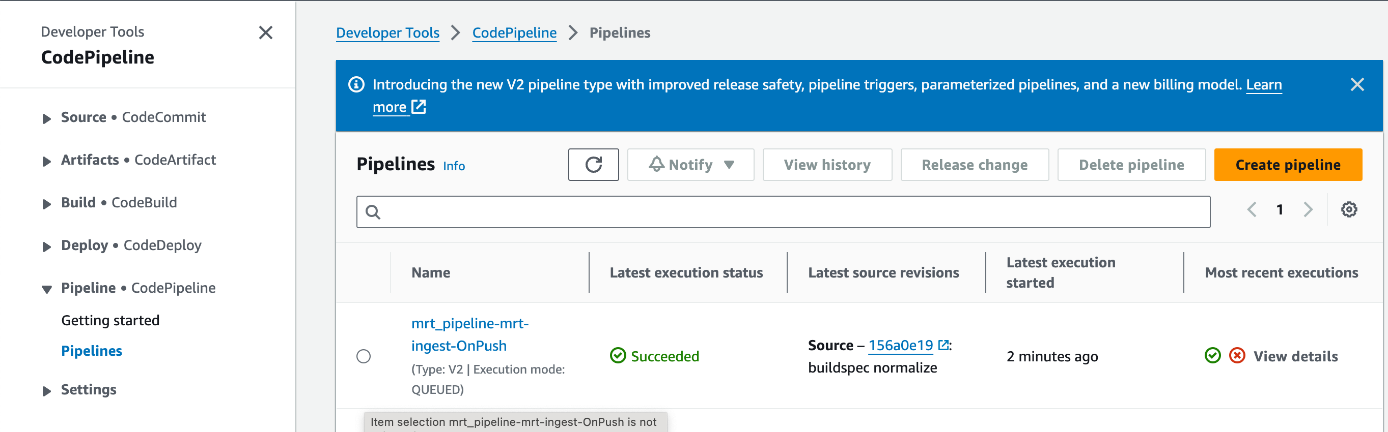 Screenshot of CodePipeline listing including the pipeline triggered by the recent comment